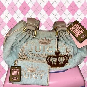 rare blue & cream vintage juicy couture “juicy loves couturists” purse & wallet